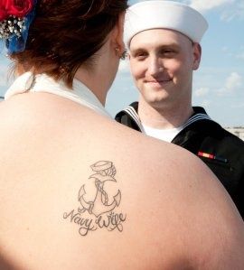 Navy Wife Tattoo, Us Navy Tattoos, Navy Wedding Ideas, Engagement Tattoos, Air Force Wedding, Navy Tattoos, Army Wedding, Wife Tattoo, Marine Wedding