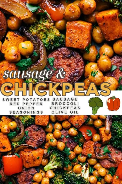 Sausage and Chickpeas combines onions, sweet potatoes, broccoli, and sweet bell pepper in an unforgettable Mexican-inspired seasoning blend. This meal is prepared on one sheet pan, requires minimal prep time and even quicker cleanup! #dinner #quick #easy #simple #familyfriendly #kidfriendly #healthy #onepan #cleaneating #wholefoods #sweepotatoes #sausage #chickpeas Sausage Sweet Potato Recipes, Sweet Potatoes Broccoli, Sweet Potato Dinner, Potatoes Broccoli, Dinner Quick, Sheet Pan Dinners Recipes, Sheet Pan Meals, Chickpea Recipes, Pan Dinners