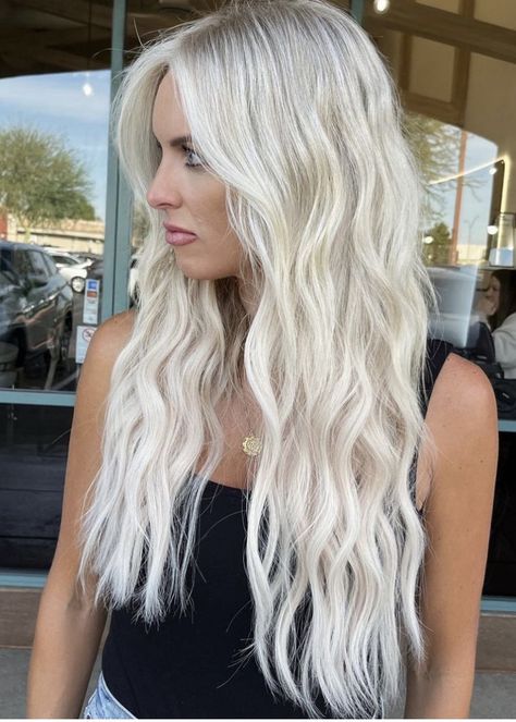 Best Products For Dyed Blonde Hair, Super Bright Blonde Hair, Platinum Hair With Shadow Root, Ash And Platinum Blonde, Icy Blonde Highlights On Blonde Hair, Long Bleach Blonde Hair, Ice Blonde Hair With Lowlights, Long Icy Blonde Hair, Platinum Ash Blonde Hair