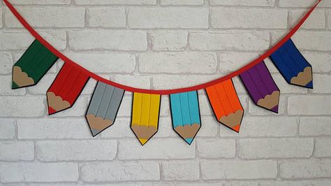 Pencil Bunting for ChildrenPlayroom DecorationNursery Classroom Bunting, Classroom Ceiling, Colourful Bedroom, Children Playroom, Playroom Decoration, Rainbow Pencil, Classroom Welcome, Orange Door, White Christmas Wreath