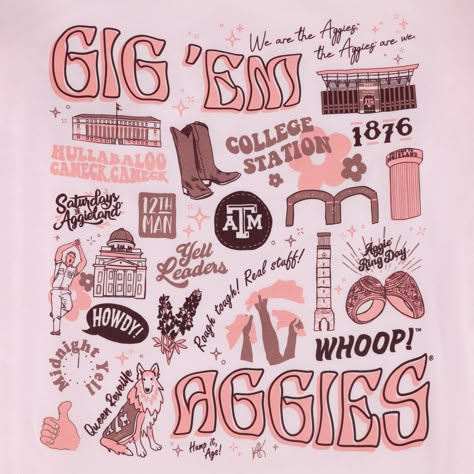 Rep your Aggie pride like never before with this stylish Texas A&M Gig 'Em Aggies Collage T-Shirt! The light pink fabric and "Gig 'Em Aggies" featured on the front in a darker pink will have everyone admiring your spirit. The back features a stunning collage of all your favorite Texas A&M symbols, showing off your passionate Aggieland pride. - Brand: Bella+Canvas - 100% Cotton - Machine Wash Warm/Tumble Dry Low Texas A&m Painting, Texas A&m Shirts, Texas A&m Wallpaper, A&m Aesthetic, Aggie Shirts, Texas A&m Aesthetic, Aggie Ring Dunk, Tamu Aesthetic, Aggie Ring Day