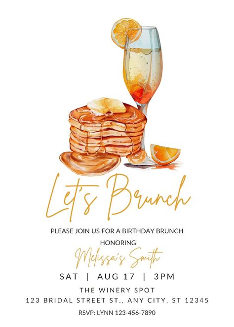 Editable Brunch Invitation, Let's Brunch, Brunch and Bubbly, Birthday Brunch, Sunday Brunch, Pancakes, Mimosa, Printable or Text Invite - Etsy Canada Summer Birthday Party Invitations, Brunch Pancakes, Mimosa Brunch, Bridesmaid Brunch, Brunch And Bubbly, Girls Brunch, Bday Invitations, Creative Advertising Design, Summer Birthday Party