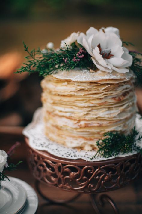 Crepe cake | My Dear Love | see more on: http://burnettsboards.com/2014/10/wooded-floral-wedding-inspiration/ Brunch Wedding Food, Pancake Tuesday, Wedding Cheesecake, Floral Wedding Inspiration, Wedding Food Stations, Wedding Cake Tops, Crepe Cake, Popcorn Bar, Food Stations