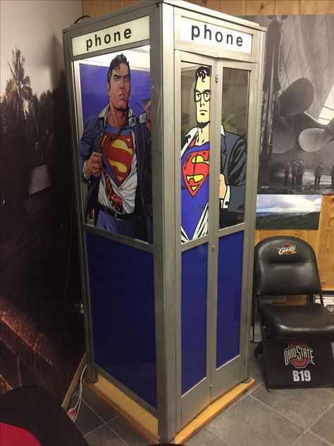 Superman. Phone booth. Signs, wraps, vinyl, cell phone, man cave Phone Booth Cabinet, Superman Phone Booth, Comic Book Man Cave, Framery Phone Booth, Phone Booth Vintage, Phone Booth, Pinball Machine, Vinyl Wrap, 8th Birthday