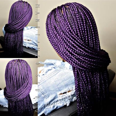 Small box braids.  Waist length box braids.  Purple hair.  Purple braids. Natural hair.  Small plaits. Purple Box Braids With Curly Ends, Dark Purple Knotless Braids, Knotless Braids With Purple, Black And Purple Knotless Braids, Dark Purple Box Braids, Dark Purple Braids, Black And Purple Braids, Purple Braids For Black Women, Box Braids Purple