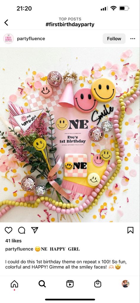 Good Vibes Only Birthday Party, Smiley Bday Theme, Pink Smiley Face Party Theme, Happy Themed Birthday Party, Summer Vibes Birthday Party, Smiley 1st Birthday, Smiley Birthday Theme Party Ideas, Smiley Theme Birthday Party, Smiley One Birthday