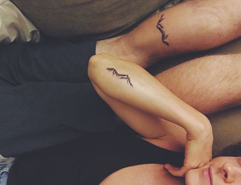 Husband and Wife matching minimal mountain tattoos #getinked #mininaltattoos #mountaintattoo Husband Wife Simple Tattoo, Husband And Wife Mountain Tattoos, Minimal Husband And Wife Tattoo, Mountain Couple Tattoo, Matching Tattoos Husband And Wife, Husband And Wife Tattoos, Wife Tattoos, Minimal Mountain, Mountain Tattoos