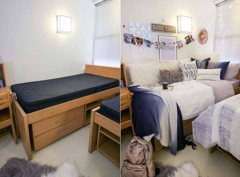 Barracks Room Decor, Dorm Room Ideas Purple, Barracks Room, Room Ideas Purple, Purple Dorm Rooms, Army Barracks, Collage Dorm, Beautiful Dorm Room, Dorm Aesthetic