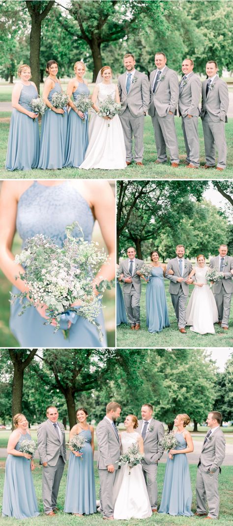 Dusty Blue And Grey Bridesmaid Dresses, Grey Groomsmen Suits With Blue Bridesmaid Dresses, Grey Suit Blue Bridesmaid Dress, Light Blue And Grey Bridal Party, Wedding Party Blue Suits Color Schemes, Dusty Blue And Blush Wedding Groomsmen, Dusty Blue And Grey Wedding Groomsmen, Sky Blue And Grey Wedding, Dusty Blue Bridesmaids Grey Groomsmen