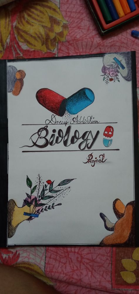 In school u can add this kind of designs on ur cover page if u got the topic Drug addiction 💊 Bio Project Cover Page Aesthetic, School Book Covers Biology, Biology Project Cover Page Ideas School Aesthetic, Biology Cover Page Ideas, Project File Cover Ideas Biology, Cover Page For Biology Project, Biology Book Cover Design, Border Design For Biology Project, Biology File Cover Decoration