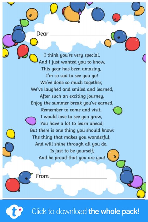 Give your class a personalised poem as an end of year gift with this easy printout. Wish your class good luck and farewell or have it read at whole-school assemblies near the end of the year. Visit the Twinkl website to download and find more end of year teacher and student gift ideas. #teachergift #endofyeargifts #endofyear #schoolgifts #teaching #teachers #twinklresources #twinkl #teachingresources #parents #students #classroomgifts #endofyearpoem #receptionclass #receptionteacher #eyfs Assembly Ideas For Primary School, Farewell Message To Students, Leaving Poems, Farewell Poems, Poems For Students, Student Gift Ideas, Birthday Chart Classroom, Preschool Poems, Teacher Poems