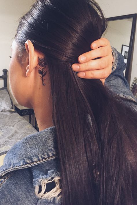 rose tat Red Rose Tattoo Behind Ear, Black And Red Rose Tattoo, Rose Behind Ear Tattoo, Rose Behind Ear, Rose Tattoo Behind Ear, Rose Tat, Small Neck Tattoos, Tattoo Behind Ear, Meaningful Tattoo Quotes