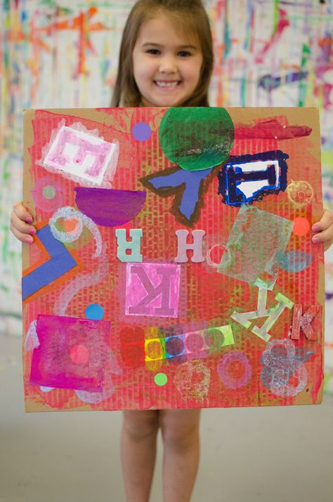 typography inspired collage // www.smallhandsbigart.com Prek Art, Kids Art Space, Adaptive Art, Kindergarten Art Projects, Protest Art, Art Camp, Alphabet Soup, Kids Art Class, Alphabet Preschool