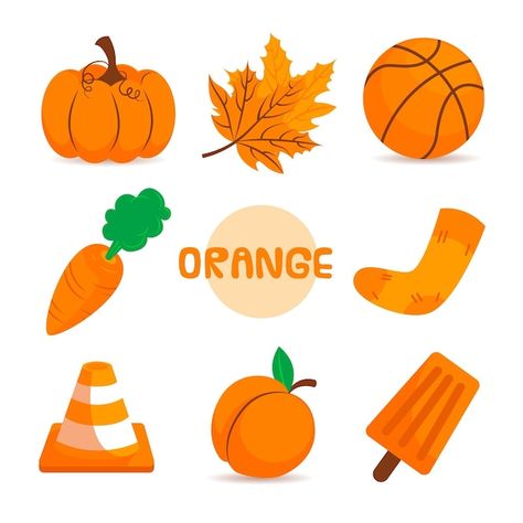 Color naranja y vocabulario en inglés. | Vector Gratis Things That Are Orange, Mickey Rey, Color Book, Color Naranja, School Projects, Preschool Activities, Coloring Books, Preschool, Education