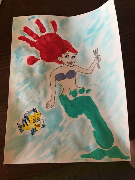 Handprint/Footprint Ariel/Little Mermaid Craft Mermaid Footprint Art, Little Mermaid Crafts, Disney Activities, Toddler Projects, Mermaid Kids, Mermaid Crafts, Footprint Crafts, Baby Art Projects, Toddler Arts And Crafts