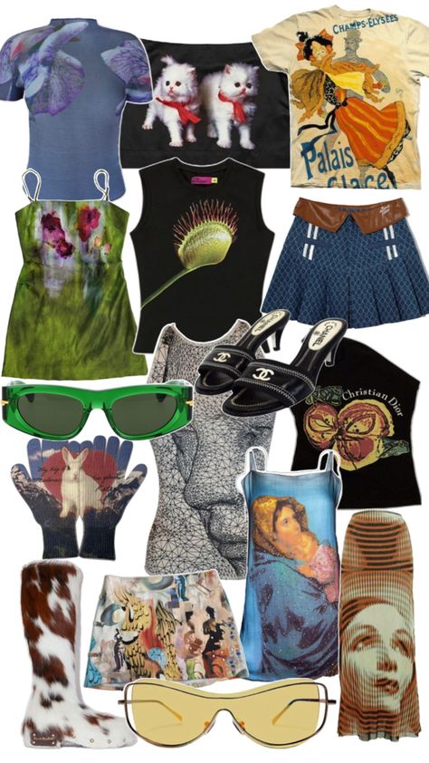 Dive into a whirlwind of fashion creativity with this vibrant outfit moodboard! From retro-inspired graphic tees to chic mini skirts, this moodboard radiates vintage charm and contemporary flair. Channel your inner fashionista with playful animal prints, artsy patterns, and statement accessories. Elevate your street style with unique graphic prints, eye-catching boots, and trendsetting sunglasses. Perfect for those craving bold, eclectic outfits that are Instagram-ready and Pinterest-worthy! #FashionInspo #OutfitGoals Bold Eclectic, Eclectic Outfits, Vibrant Outfits, Statement Accessories, Miniskirt Outfits, Vintage Eclectic, Eclectic Fashion, Outfit Goals, Animal Prints