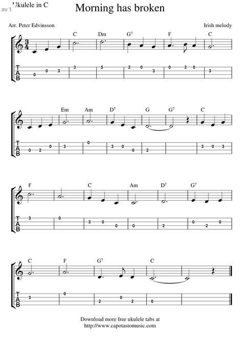 Morning Has Broken, Ukulele, Sheet Music, Piano, Guitar, Music