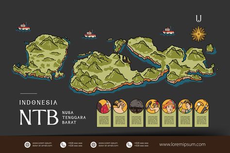 Maps Illustration, Alfabet Font, Nusa Tenggara Barat, Indonesian Culture, Illustration Flat, Canvas Learning, Color Illustration, Island Map, Art Poster Design