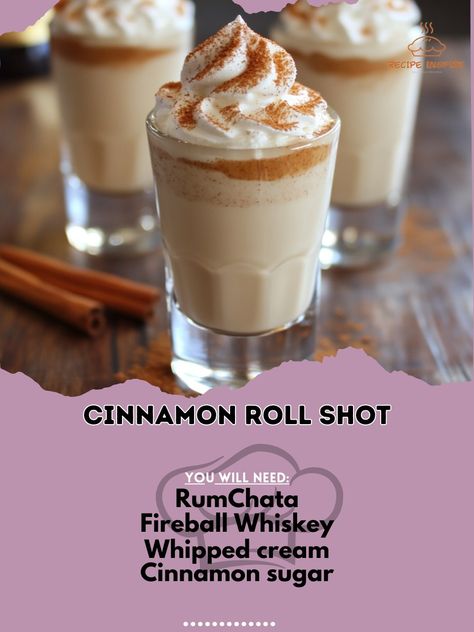 Sweet, creamy, and cinnamon-packed! This Cinnamon Roll Shot is a delicious dessert in liquid form. 🥃🍩 #CinnamonRollShot Cinnamon Roll Shot Ingredients: RumChata (1 oz) Fireball Whiskey (1 oz) Whipped cream (optional) Cinnamon sugar (for garnish) Instructions: Mix RumChata and Fireball Whiskey in a shaker with ice. Strain into a shot glass. Top with whipped cream and a sprinkle of cinnamon sugar. 🥃🍩 Sip into sweet bliss with this Cinnamon Roll Shot! The creamy blend of cinnamon and spice m... Shots With Fireball, Rumchata And Fireball, Autumn Beverages, Rumchata Recipes, Cinnamon Whiskey, Fireball Whiskey, Dessert Shots, Whiskey Drinks, Shot Recipes