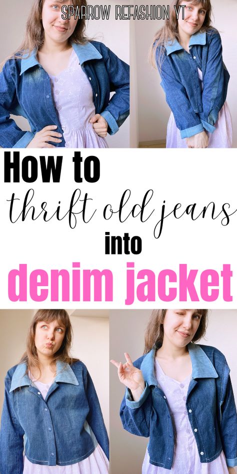 visit my channel and sew perfect modern denim jacket with my beginner friendly step by step tutorial Denim Jacket Refashion, Denim Jacket From Old Jeans, Jacket From Old Jeans, Reuse Old Jeans, Diy Thrift Flip, Dress Sewing Patterns Free, Advanced Sewing, Diy Denim Jacket, Sewing Jeans