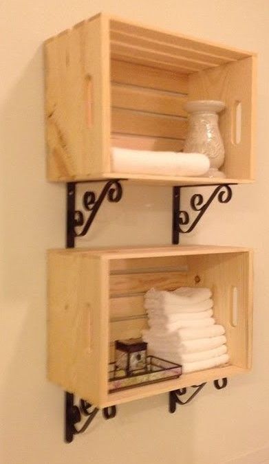 Shelves For Towels, Diy Bathroom Storage, Crate Shelves, Crate Furniture, Home Decor Crate, Wood Crates, Diy Pallet Furniture, Diy Bathroom, Pallet Furniture