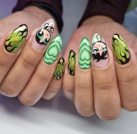 Powerpuff Halloween Nails, Totally Spies Nails, Cosmo And Wanda Nails, Power Puff Girls Nails, Powerpuff Girls Nail Art, Steven Universe Nails, Animated Nails, Era Nails, Buttercup Nails