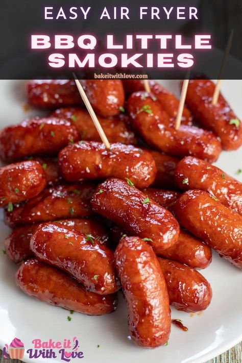 Air fryer BBQ Little Smokies are a faster version of the classic party appetizer that’s coated in your favorite BBQ sauce and caramelized with a touch of brown sugar! I cook these tasty little sausages right in the air fryer, so they cook up plump and juicy in just a few minutes! BakeItWithLove.com #bakeitwithlove #LittleSmokies #BBQ #airfryer #appetizers Air Fryer Little Smokies, Lil Smokies Air Fryer, Air Fryer Lil Smokies, Lil Smokies Recipes Air Fryer, Smokies In Air Fryer, Lil Smokey Recipes, Bbq Weiners Lil Smokies, Bbq Mini Sausages Lil Smokies, Bacon Wrapped Little Smokies Brown Sugar