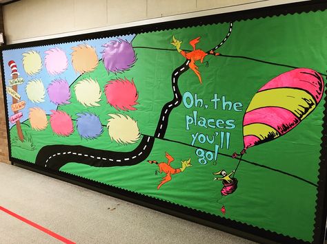 Dr. Seuss bulletin board. Oh The Places You'll Go. Road to Success. Oh The Places You'll Go Graduation Bulletin Board Ideas, Oh The Places Youll Go Bulletin Boards, The Places You Will Go, Oh The Places You’ll Go Bulletin Board, Literacy Bulletin Boards, Graduation Bulletin Board, Dr Seuss Bulletin Board, The Places Youll Go, Dr Seuss Classroom