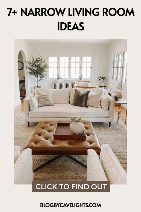 7 narrow living room ideas Narrow Formal Living Room, Sectional In Narrow Living Room, Long Narrow Living Room Ideas, Narrow Living Room Ideas, Tufted Leather Ottoman, Narrow Living, Long Narrow Living Room, Narrow Living Room, Woven Chair