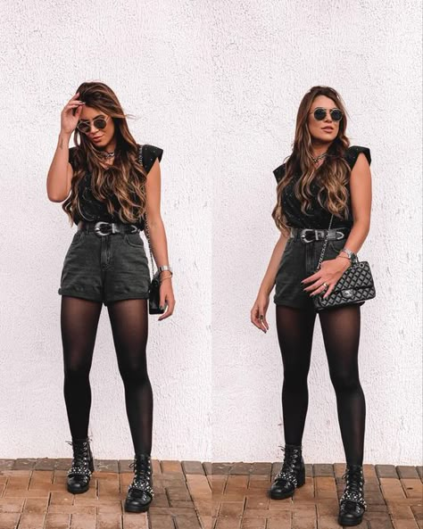 Look básico com meia calça Rock Outfits For Women Concert, Rock Concert Outfit Plus Size, Summer Rock Concert Outfit, Rock Festival Outfit, Concert Outfit Plus Size, Concert Outfit Rock, Fiesta Outfit, Look Rock, Rock Outfit