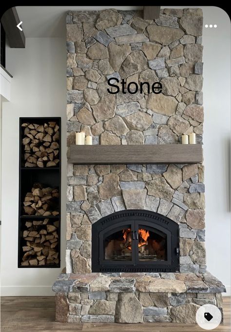 Stone Fireplace With Insert, Cobblestone Fireplace Ideas, Creek Rock Fireplace, Stone Fireplace Aesthetic, Stone Veneer Fireplace Rustic, Natural Rock Fireplace, Fieldstone Fireplace Ideas, Gray Washed Stone Fireplace, Natural Stone Fireplaces Farmhouse