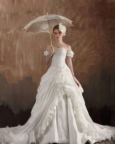 Beautiful colonial style wedding dress available in white or ivory. Ruffle Bridal Gown, Taffeta Wedding Dress, Wedding Dresses Taffeta, Prom Dress 2013, Chapel Train Wedding Dress, Gothic Wedding Dress, 1920s Wedding, Wedding Dresses 2014, 2015 Wedding Dresses