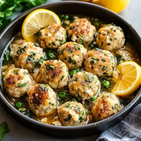 If you're on the hunt for a dinner option that is both simple and flavorful, look no further than these Easy Chicken Piccata Meatballs. Bursting with zesty lemon, briny capers, Giada De Laurentiis Chicken Piccata Meatballs, Giada Meatballs, Chicken Ricotta Meatballs, Chicken Piccata Meatballs, Easy Chicken Piccata, Ricotta Meatballs, Dragon Bedding, Chicken With Italian Seasoning, Ground Chicken Recipes