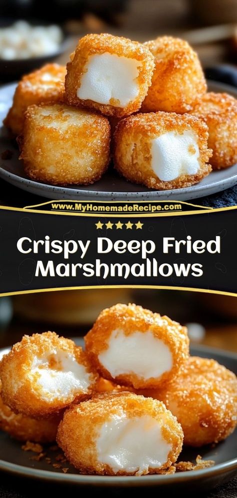 Sweet, gooey, and golden brown, these Crispy Deep Fried Marshmallows are a fun dessert everyone will love. Perfect for parties or a quick indulgence! Ingredients: 12 large marshmallows 1 cup pancake batter 1/2 cup oil for frying Powdered sugar for topping A crispy, sweet bite of marshmallow heaven Deep Fried Peach On A Stick, Foods To Fry Deep Frying, Deep Fry Foods Ideas, Deep Fried Dough, Air Fry Marshmallow, Deep Fried Dinner Ideas, Best Deep Fried Foods, Deep Fry Recipes, Deep Fried Desserts Easy