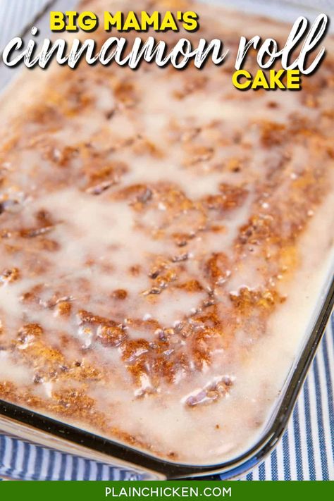 Cinnamon Roll Cake Recipe - aka Reddit's Big Mama's Secret Cinnamon Roll Cake - moist and tender cake swirled with brown sugar cinnamon and topped with a vanilla glaze. This is hands down the BEST coffee cake EVER! Sugar, shortening, self-rising flour, buttermilk, vanilla, brown sugar, cinnamon, powdered sugar, and butter. Great for breakfast or served as a dessert with vanilla ice cream. Cinnamon Swirl Dump Cake, Cinna Bun Cake In The Oven, Cinnamon Roll Cake Recipe, The Best Coffee Cake, Best Coffee Cake, Easy Pineapple Cake, Roll Cake Recipe, Bun Cake, Vanilla Filling