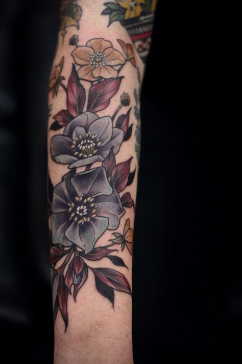 Neo Traditional Tattoos Flower Black And Grey, Black Hellebore Tattoo, Hellebore Flower Tattoo, Hellebore Tattoo, Moody Tattoo, Art Nouveau Tattoo Flower, Black Hellebore, Spring Tattoo, Tattoo Colour