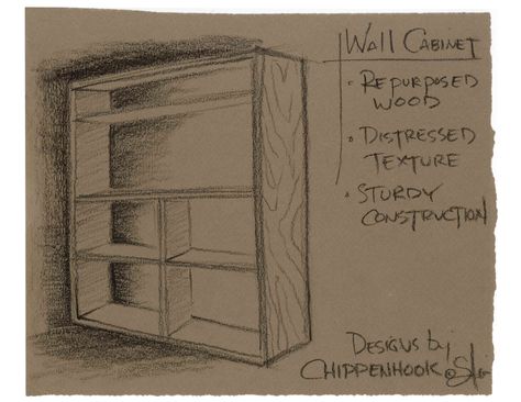 wall cabinet sketch by Steve Kidwell, VP of Design, www.chippenhook.com Cabinet Drawing Sketch, Cabinet Sketch, Furniture Sketches, Pencil Drawing Ideas, Furniture Sketch, Floor Cabinet, Distressed Texture, Beauty Art Drawings, Design Drawings