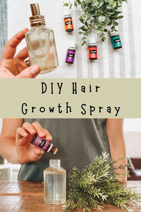 glass spray bottle filled with DIY hair growth spray being filled up on a wood countertop and held up in front of essential oil bottles Essential Oil Hair Spray Recipes, Hair Oil Essential Oil, Essential Oil Hair Growth Serum, Rosemary Oil Spray For Hair Growth, Rosemary Essential Oil Spray For Hair Growth, Hair Spritz With Essential Oils, Essential Oil Hair Growth Recipes, Doterra Hair Growth Recipes, Young Living Hair Growth Spray