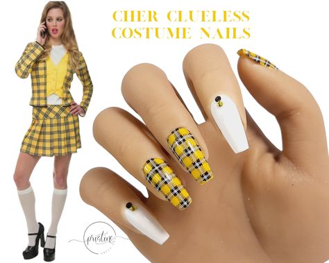 Cher Nails, Clueless Nails, Cosplay Nails, Cher Halloween Costume, Cher Clueless Costume, Cher Halloween, Yellow Gel Polish, Nails Plaid, Cher Costume