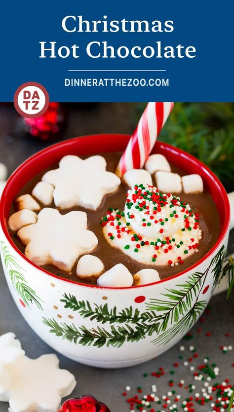 This Christmas hot chocolate is extra creamy homemade hot cocoa made with three types of chocolate. It's the ultimate drink for a holiday party or to serve on Christmas morning. Peppermint Bark Cookie, Creamy Hot Chocolate, Spiked Hot Chocolate, Hot Drinks Recipes, Homemade Hot Cocoa, Peppermint Hot Chocolate, Hot Chocolate Recipe, Holiday Drink, Christmas Sprinkles