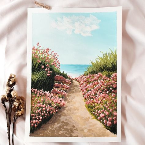 Pink and Sandy May The Almighty bless you #gouachepainting #naturepainting #originalart #painting #instaart #landscapeart #aestheticpainting #artistsoninstagram #landscapepainting #art #artist #scenery #artsy #artgallery #artwork #artistsofinstagram #originalpainting #gouache #aestheticpage #artcollector #natureart #lukisanpemandangan #paintingprocess #artoftheday #landscapepaintings #acrylicpainting Guache Art, Painting Pink Flowers, Painting Ocean, Painting Beach, Pink Painting, Gouache Art, Nature Art Painting, Ocean Painting, Aesthetic Painting