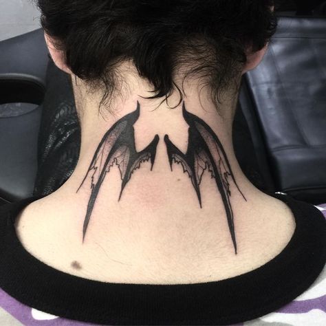 Bat Neck Tattoo Men, Bat Wings Neck Tattoo, Bat Wing Neck Tattoo, Wings Neck Tattoo Men, Bat Wings Tattoo On Back, Gothic Neck Tattoo, Bat Wing Tattoo, Bat Wings Tattoo, Wing Neck Tattoo