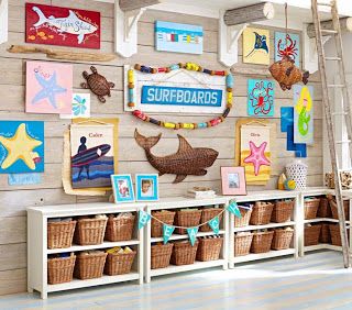 This is the cutest room decor!! Oh man, I want ALL OF IT!!     OUToftheBOXcalifornia: surf decor for a baby nursery or child's room: pottery barn kids Short Bookcases, Surf Bedroom, Ninja Theme, Ocean Themed Bedroom, Surf Room, Nautical Room, Ocean Kids, Red Bud, Surf Decor