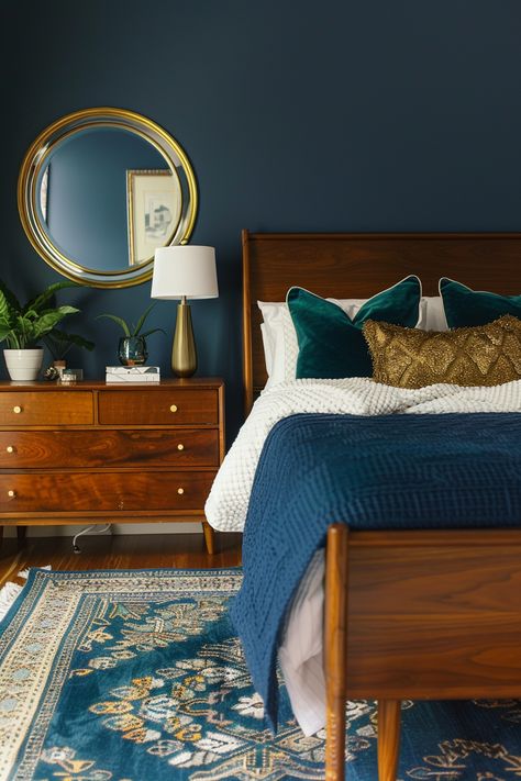 Enhance your bedroom with creative mid-century modern furniture projects that combine functionality and design. 🌿🛠️ Bedroom Decor Mid Century Modern, Mid Century Modern Bedroom Blue, Navy Wall Bedroom, Blue Room Design, Cozy Mid Century Modern Bedroom, Mid Century Eclectic Bedroom, Mid Century Bedroom Furniture, Teal Room, Mid Century Modern Bedroom Furniture