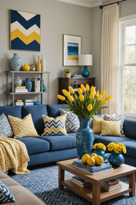 Blue And Yellow Wall Decor, Yellow Living Rooms Ideas, Yellow And Blue Living Room, Blue And Mustard Living Room, Living Room Decor Yellow, Blue Sofa Living Room Ideas, Blue And Yellow Aesthetic, Decoration Ideas With Paper, Blue And Yellow Living Room