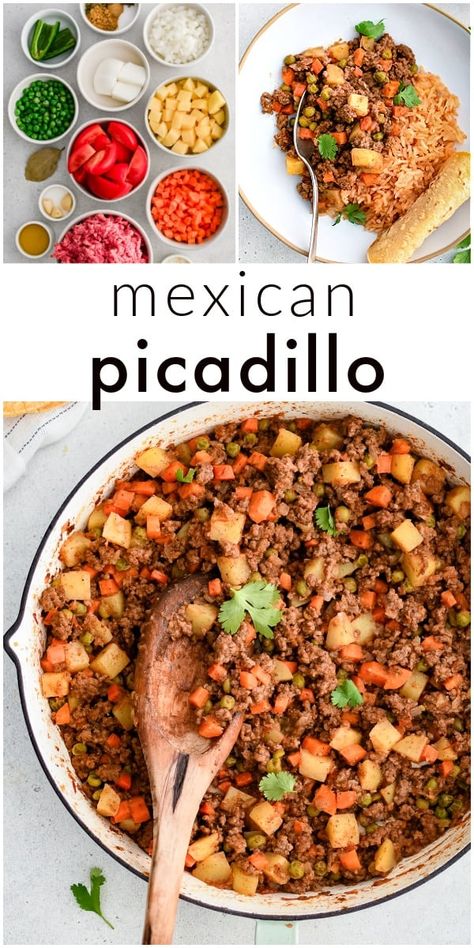 This quick and easy Mexican Picadillo Recipe is a warm and hearty dish of ground beef, potatoes, and vegetables simmered in a warm and flavorful tomato-based sauce. Serve in tacos or with rice and beans for a full and flavorful meal! Light Mexican Food, Easy Picadillo Recipe Simple, Mexican Potatoes And Ground Beef, Mexican Meat And Potatoes, Easy Mexican Meals Dinners, Easy Picadillo Recipe Mexican, Mexican With Ground Beef, Picadillo Recipe Mexican Authentic, Mexican Food Sides