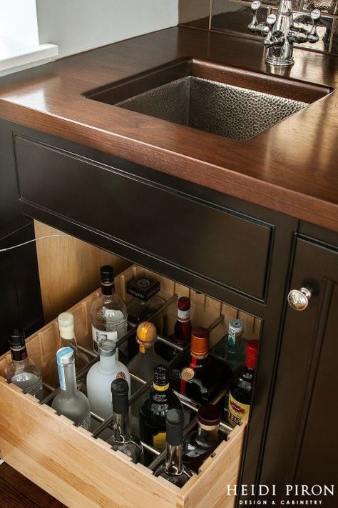 If you don't want to keep all of your liquor out on full display, this drawer organizer (prices vary, heidipiron.com) has space for 16 bottles. Plus, the individual compartments prevent bottles from shifting and clinking into each other. Award Winning Kitchen, Basement Bar Designs, Home Bar Designs, Butler Pantry, Wet Bars, Bar Room, Basement Bar, Butler's Pantry, Basement Design