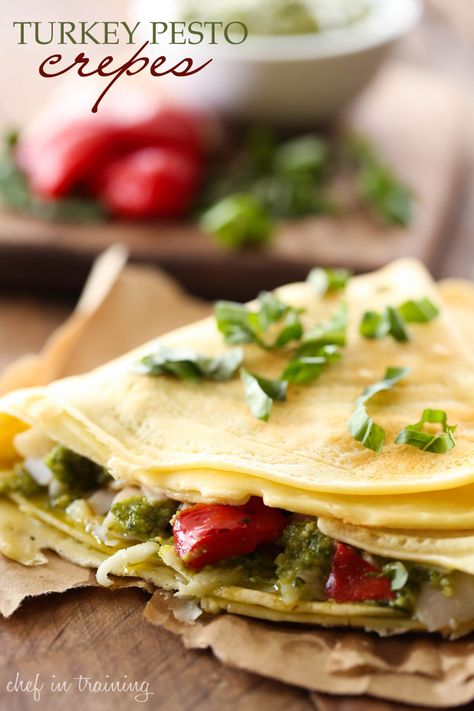 Remember when I posted this Crepe Recipe and told you I had some yummy crepe recipes coming up? Well here is the first one. This recipe is based off one of my favorite crepes at my local crepery called “Pepe le Pesto” and let me tell you, the flavor is AMAZING! Pesto, peppers, turkey and […] Pesto Crepes, Best Crepe Recipe, Turkey Pesto, French Crepes, Crepe Cakes, Savory Crepes, Mille Crepe, Turkey Dishes, Crepe Recipes