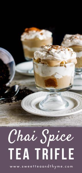 This tea trifle is sweet, creamy, and delicious with chai spiced cake and tea-infused custard layered with vanilla whipped cream! Chai Tea Dessert Recipes, Tea Infused Desserts, Chai Dessert Recipes, Chai Custard, Chai Desserts, Healthy Southern Recipes, Infused Desserts, Chai Time, Chai Cake