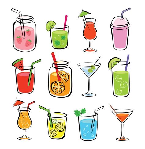 Cartoon Drinks Alcohol, Alcohol Drink Drawing, Summer Drinks Illustration, Summer Drink Drawing, Cold Drink Illustration, Tropical Drink Tattoo, Drawing Of Drinks, Cute Drinks Drawing, Summer Drink Illustration